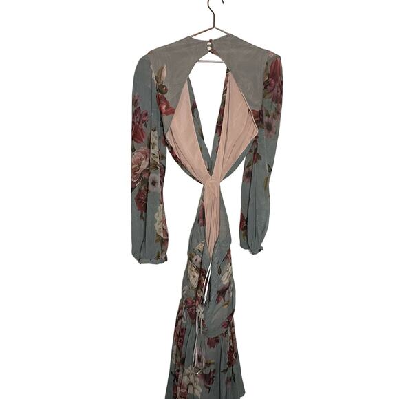 PatBo Peony Print Cutout Midi Crepe Long Sleeve Blue Pink Dress US Size 12 - Picture 3 of 16